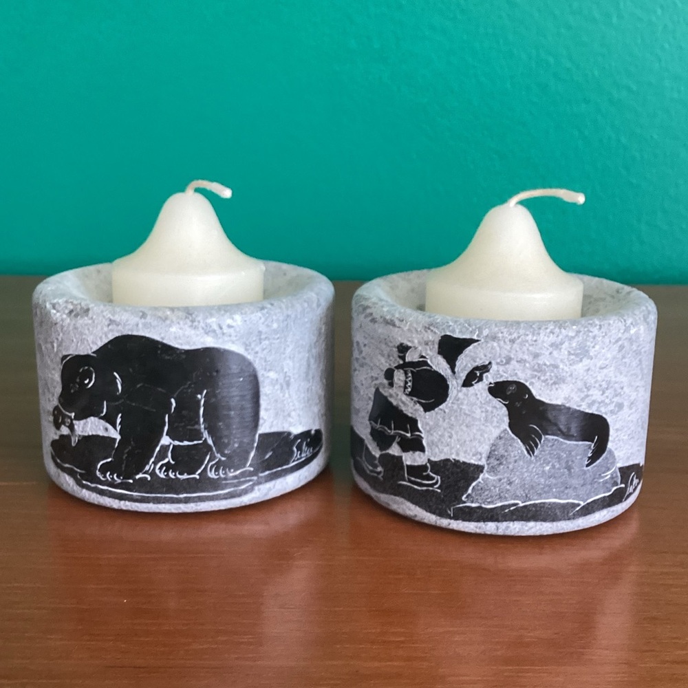 1970s Soapstone Candle Votive Tea-light Holders by Elijah Siku Etched Inuit Pair
